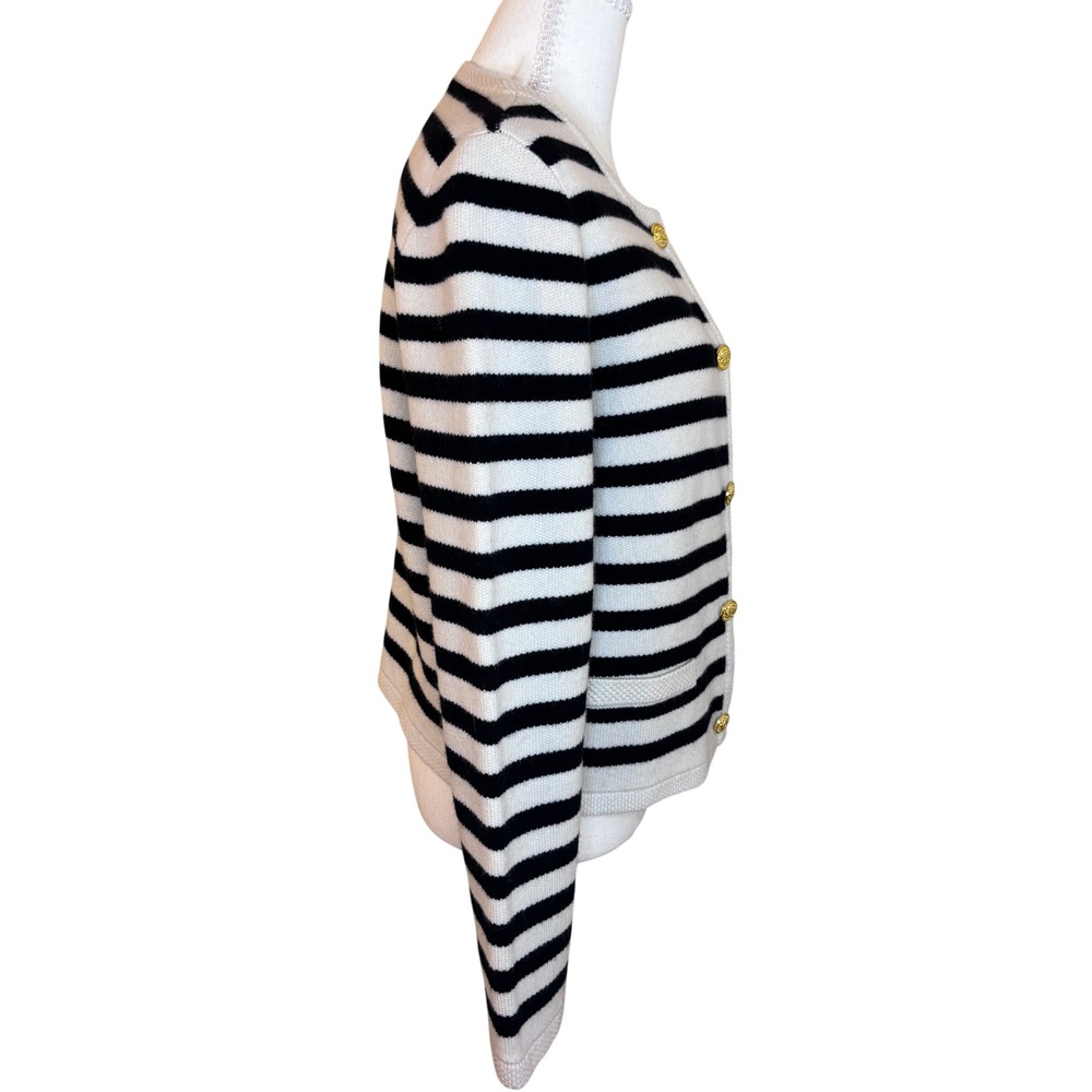 GOELIA Wool Cardigan L(8) Black White Breton Stripe Gold Button Parisian Coastal - Picture 4 of 8